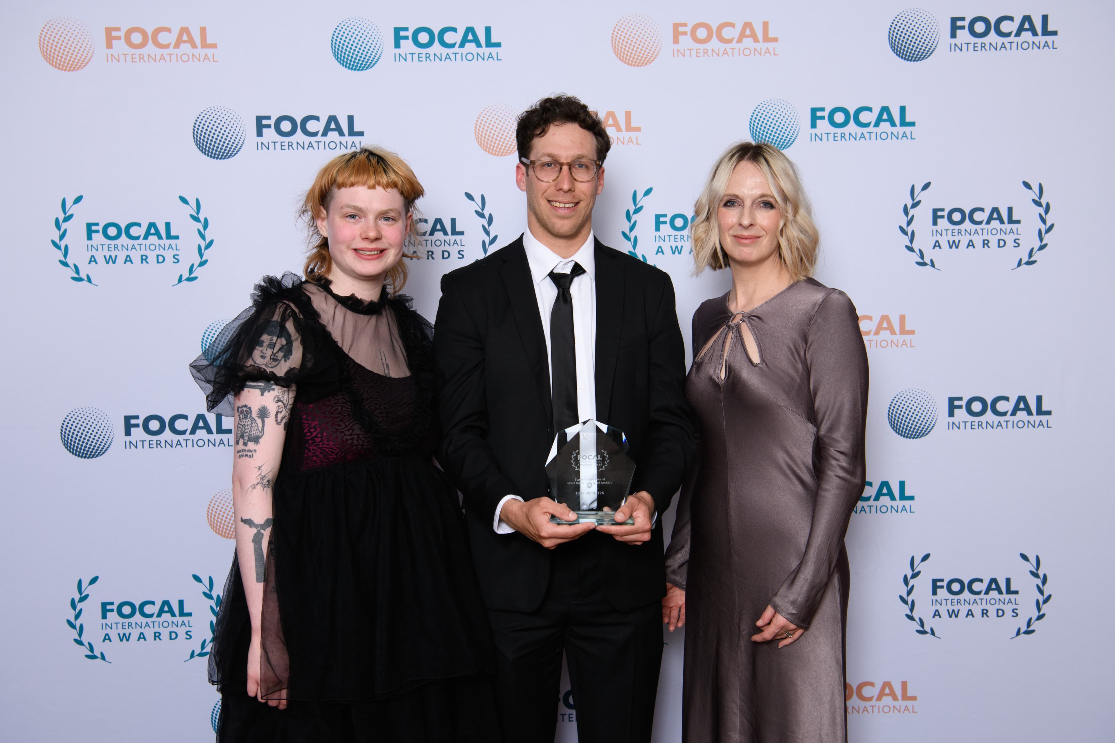 Sky's Raelene Rawlings (right) is pictured presenting the award to Peter Nauffts for Time Bomb Y2K as chosen by Molly Mills (left) and students from the National Film & Television School.